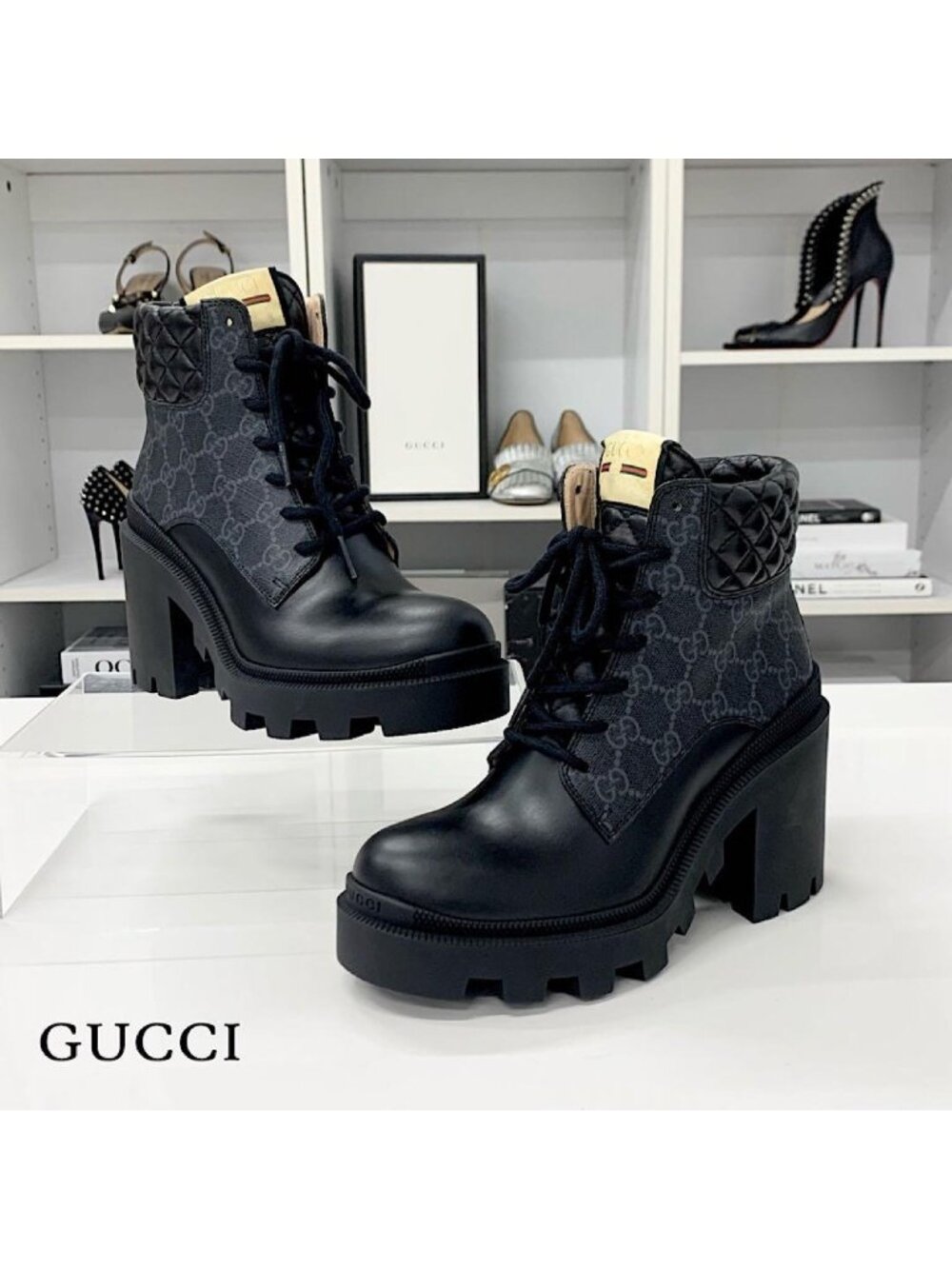Gucci Leather GG Supreme Quilted Short Boots Black